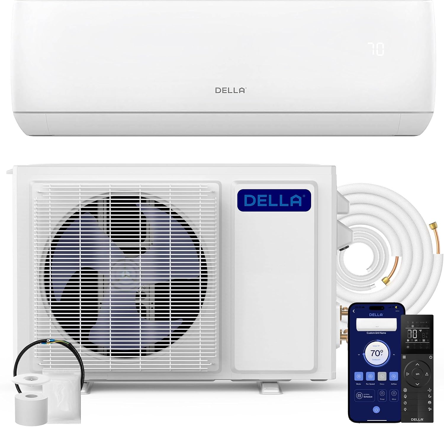 DELLA Motto Series 18000 BTU WiFi aktiviert Mini Split 19 SEER2 k¨¹hlt bis zu 1000, Klimaanlage, Heizung, 208-230 V, 4 Zoll, 2 Zoll, 15,5 mm, 16,9 mm