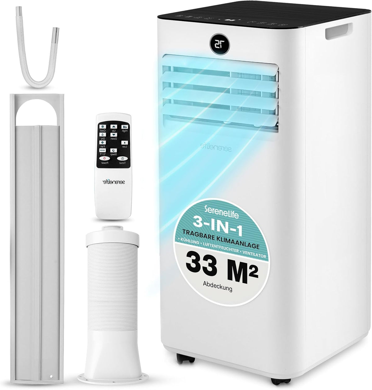 SereneLife Mobiles Klimager?t 9000 BTU 2,64 kW f¨¹r 31 m2, Klimaanlage, Ventilator, B¨¹ro, 1,2 l, 55 dB, 902 W, LED