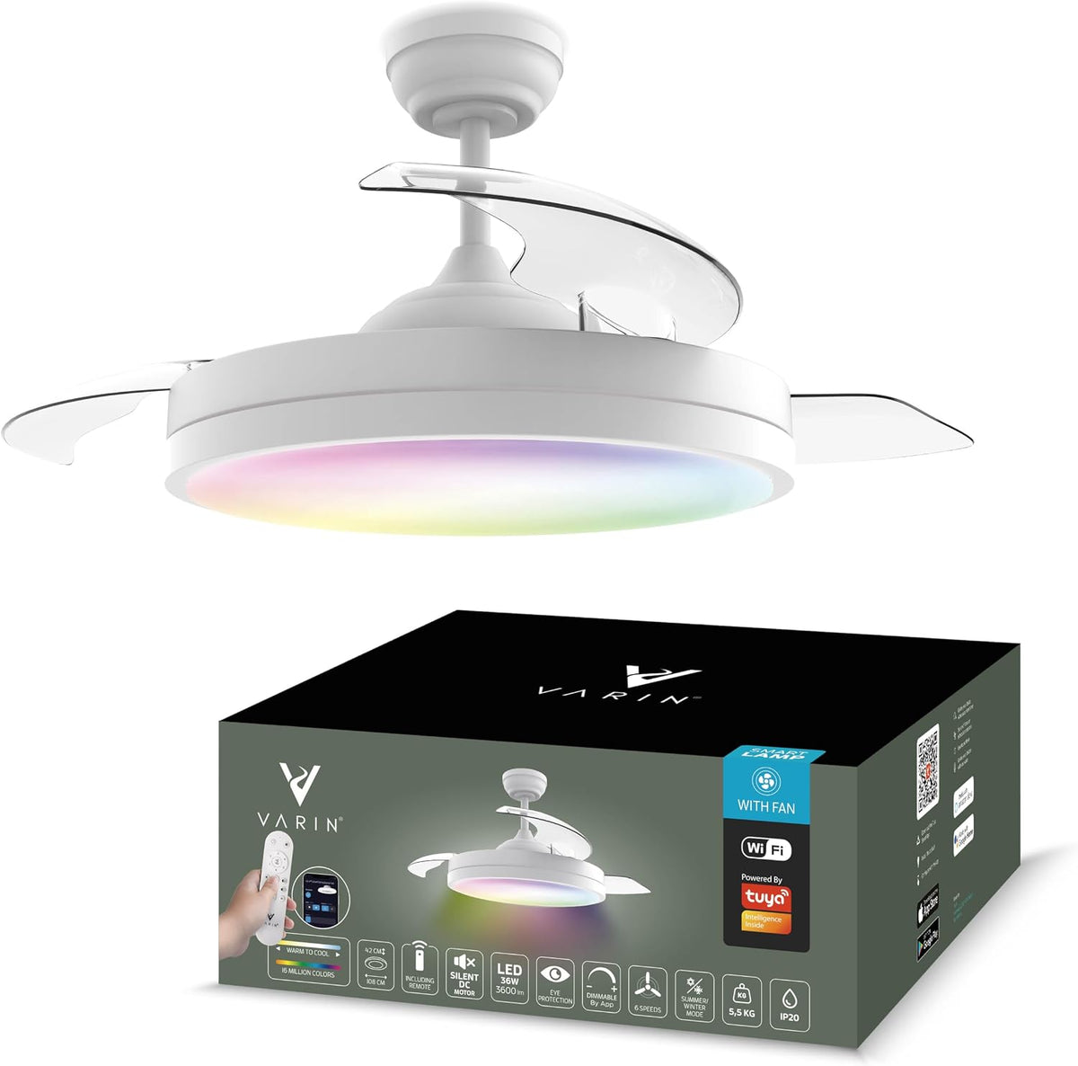 Varin Smart Deckenventilator mit Beleuchtung, Lampe, Deckenleuchte, Schlafzimmer, 20¨C45 dB, 50 cm, 108 cm, App, LED