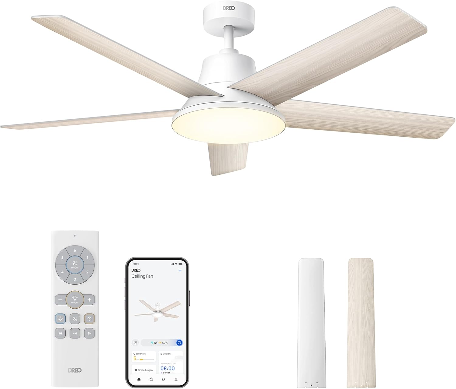DREO Smart Deckenventilator mit Licht, 132-CM-Deckenventilator, Innenbereich, App, LED-Beleuchtung