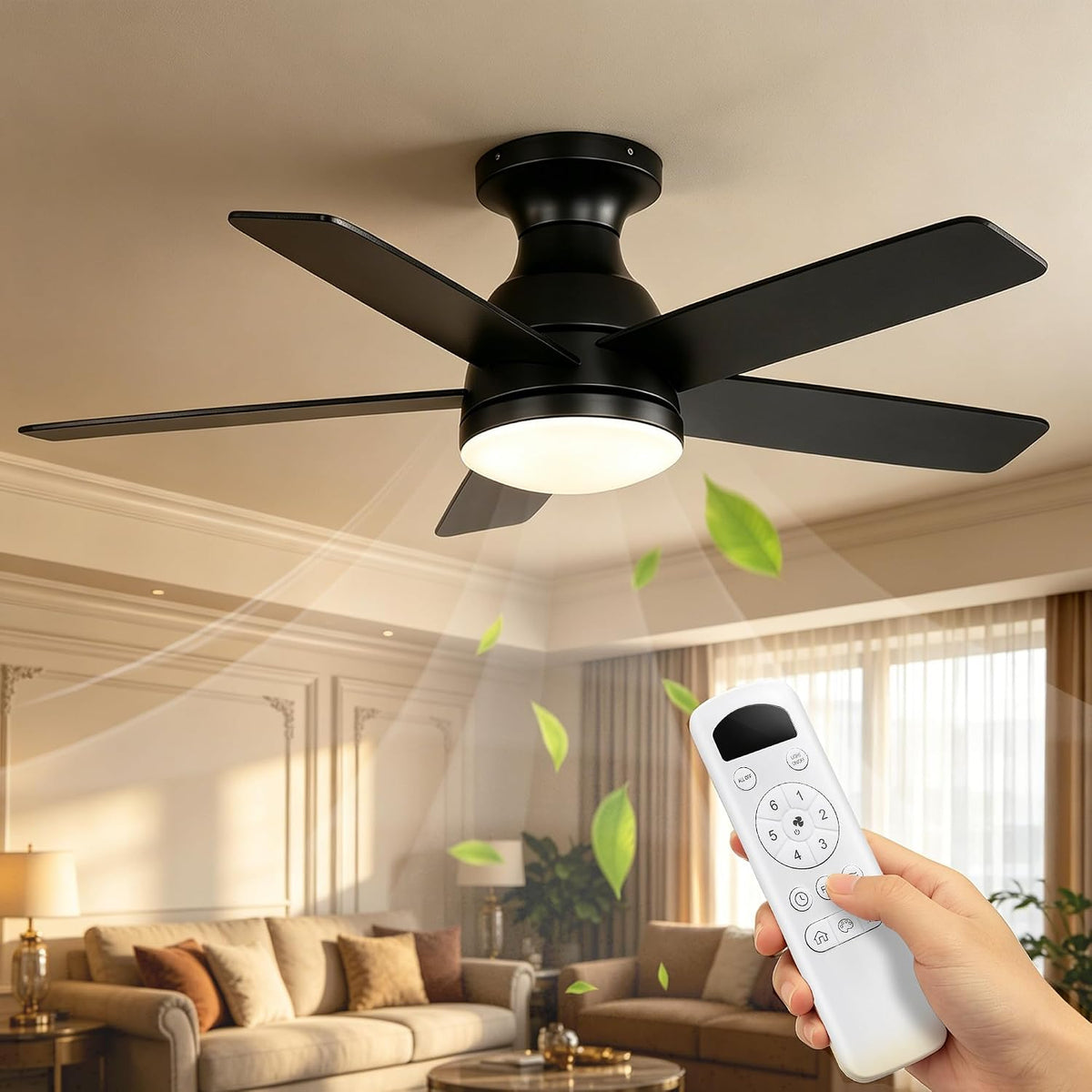 OZEANOS OZENAOS Deckenventilator mit Beleuchtung, 6 Windstufen, 3 Lichtfarben Dimmbar, 35 dB, 112 cm, 44 Zoll, LED-Beleuchtung, Timer, Schwarz
