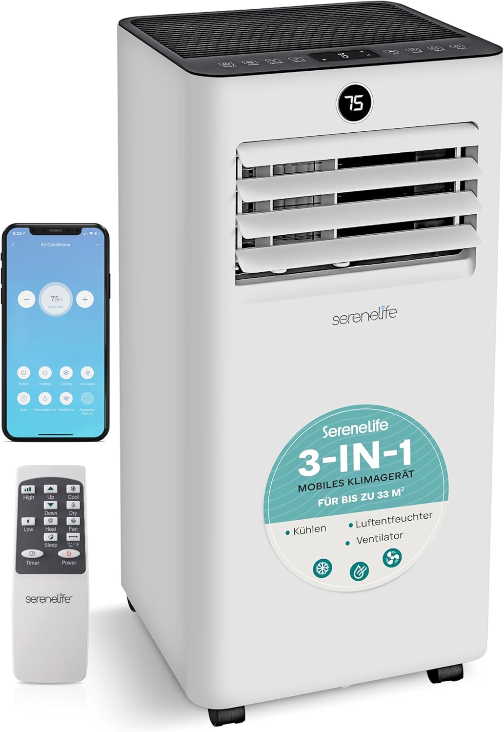 SereneLife Klimaanlage Mobil mit Abluftschlauch 7000BTU, Ventilator, Schlafzimmer, 54 dB, 770 W, WLAN, App