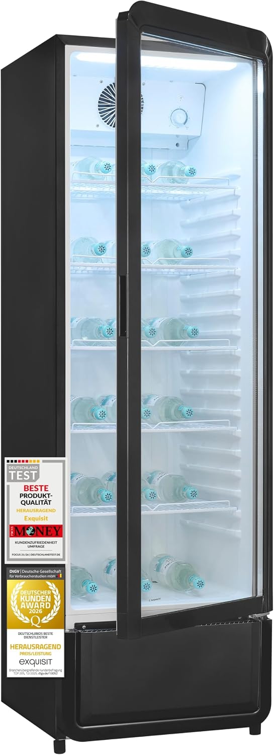 Exquisit Getr?nkek¨¹hlschrank 280 l mit Glast¨¹r - Gastro K¨¹hlschrank, Umluftventilator, F¨¹r Gastronomie, B¨¹ro, LED-Beleuchtung, Schwarz