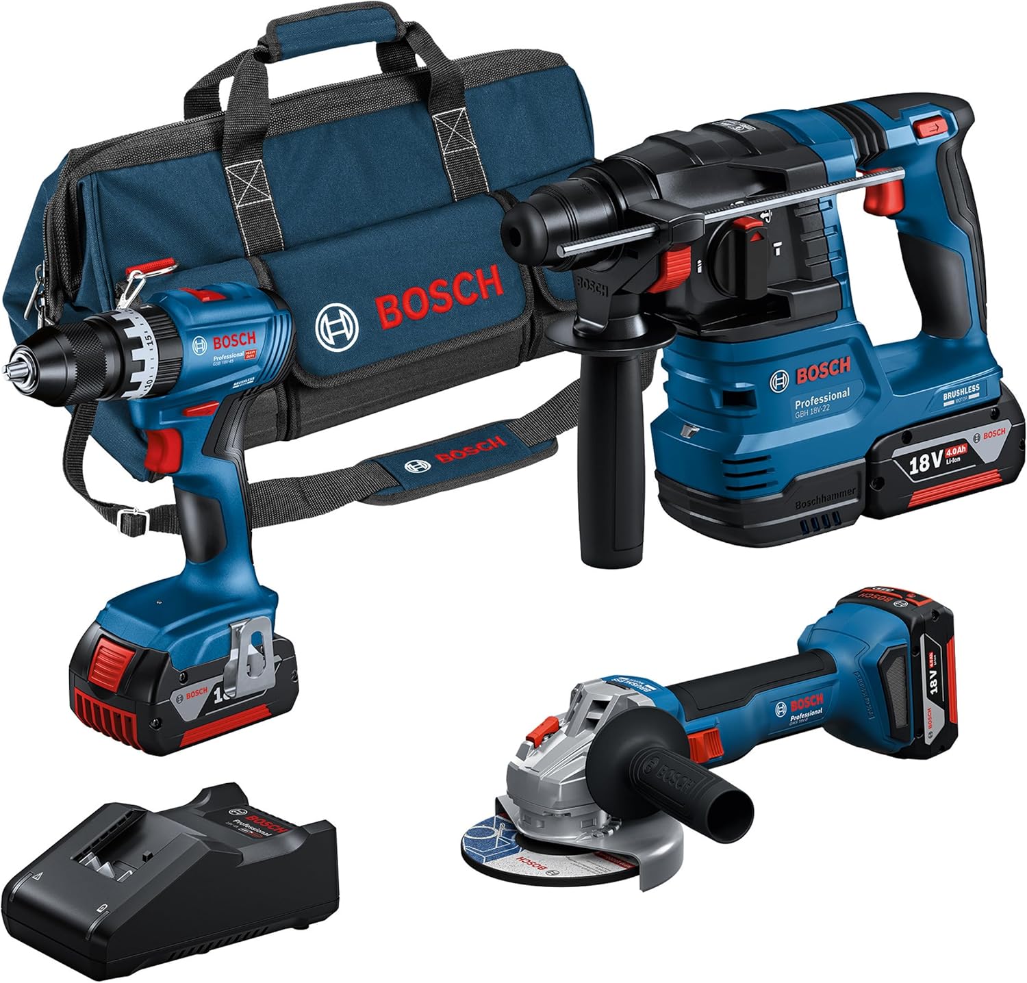 Bosch Professional 18 V System Akku-Combo Kit: GSB 18 V-45 + GBH 18 V-22 + GWS 18 V-8, Akku-Schlagbohrschrauber, 174 mm, 800 W