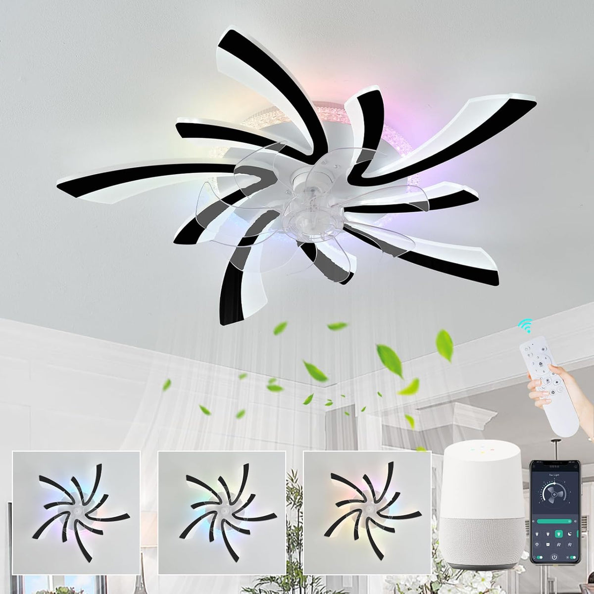 GWYAJTU RGB Deckenventilator mit Beleuchtung, Fernbedienung, App-Steuerung, App-/WLAN-Steuerung, Moderne Blume Ventilator Lampe LED Dimmbar