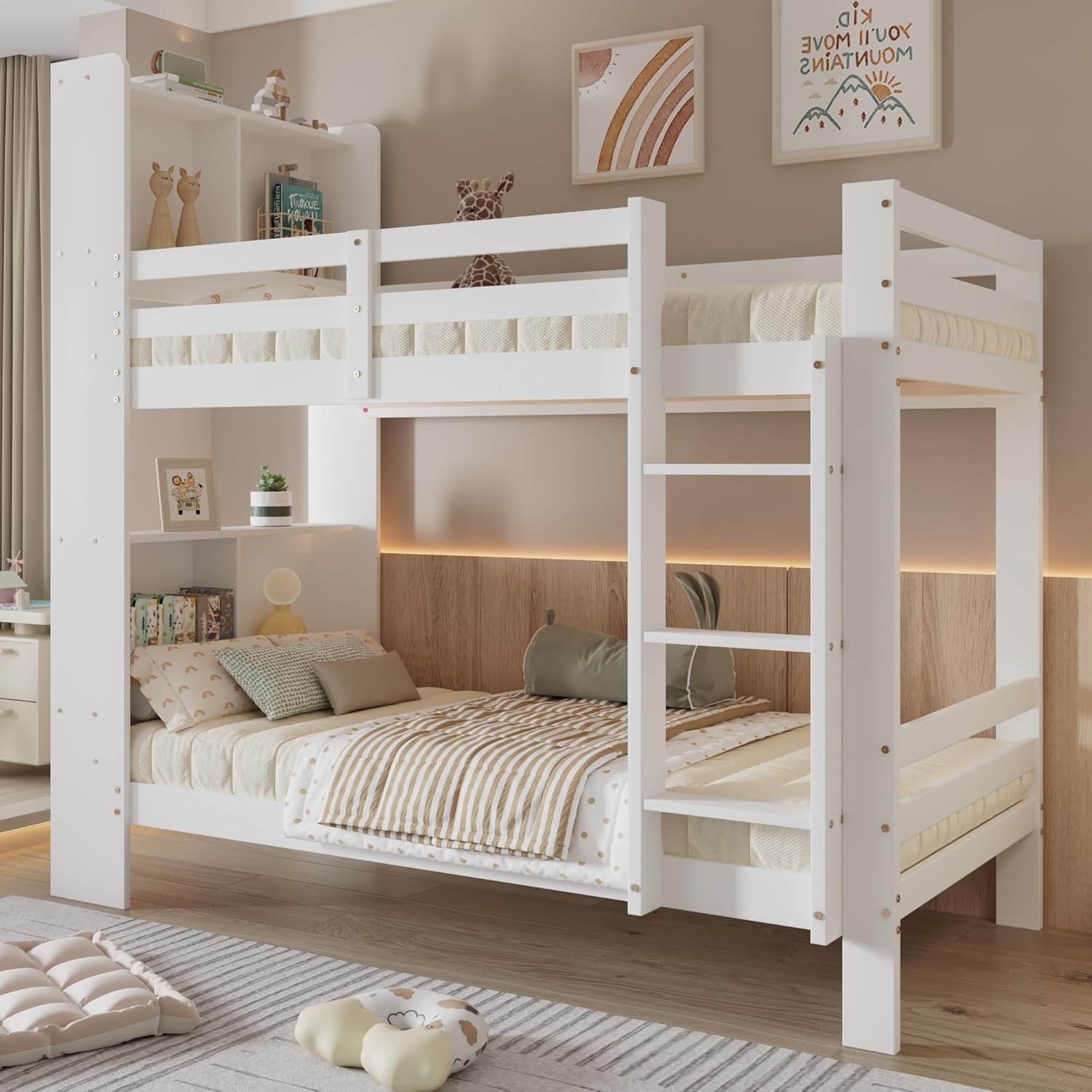 Bett Kinder 90 ¡Á 200 mit Regalen und Leiter TZCIN, Funktionsbett Etagenbett f¨¹r 2 Kinder, 217 ¡Á 98 ¡Á 173 cm, Jugendbett Bettrahmen aus Massivholz