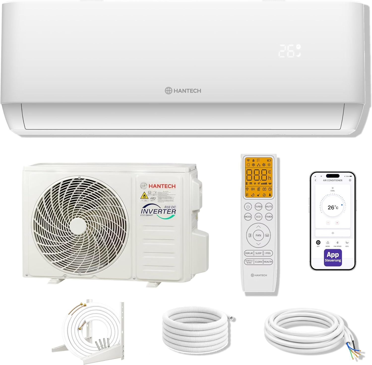Split Klimaanlage 18000 BTU (bis 60m2) HANTECH H-PRO Heiz-&K¨¹hlfunktion, Automatisch, 3m, 8 ¡ãC, App