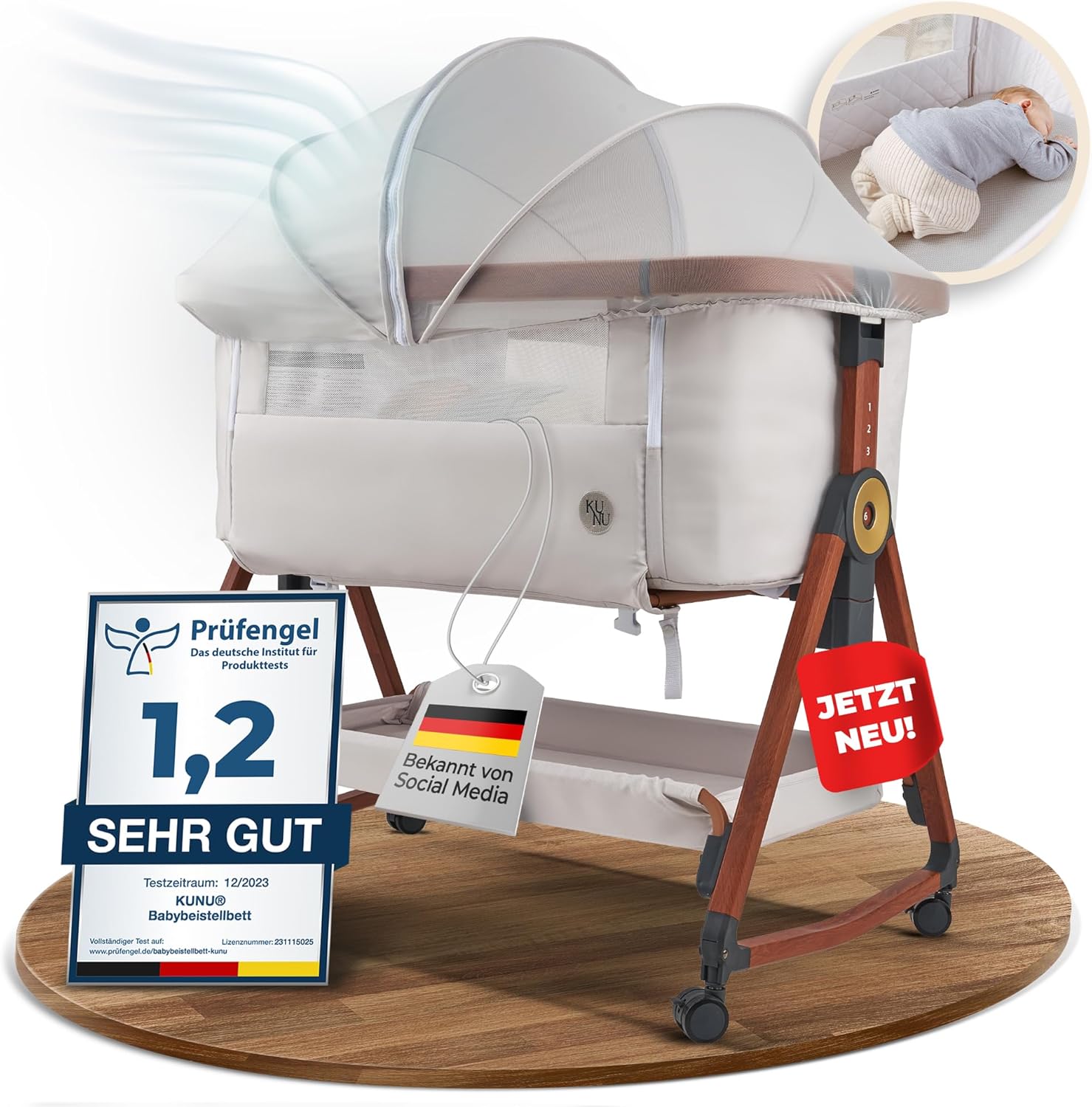KUNU Babybett - Beistellbett, Reisebett, Matratze, F¨¹r unterwegs, 39 cm, 83 cm