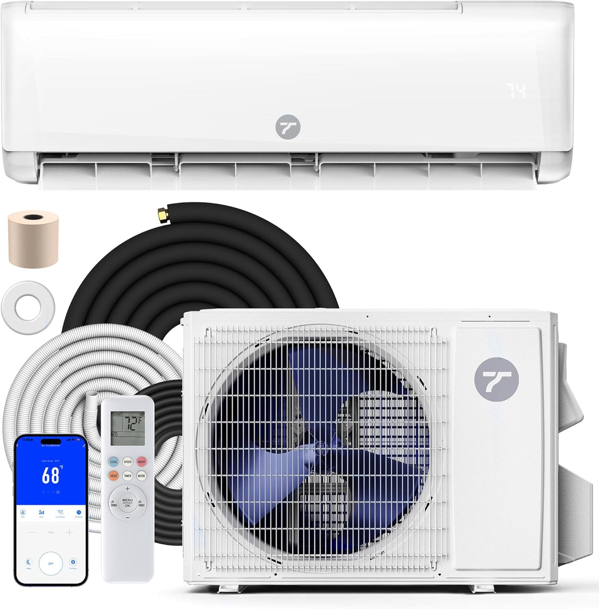 Temprium SEER2 R32 Split-Klimaanlage, 9000 BTU, 115 V, App-/WLAN-Steuerung, Wei?/Schwarz