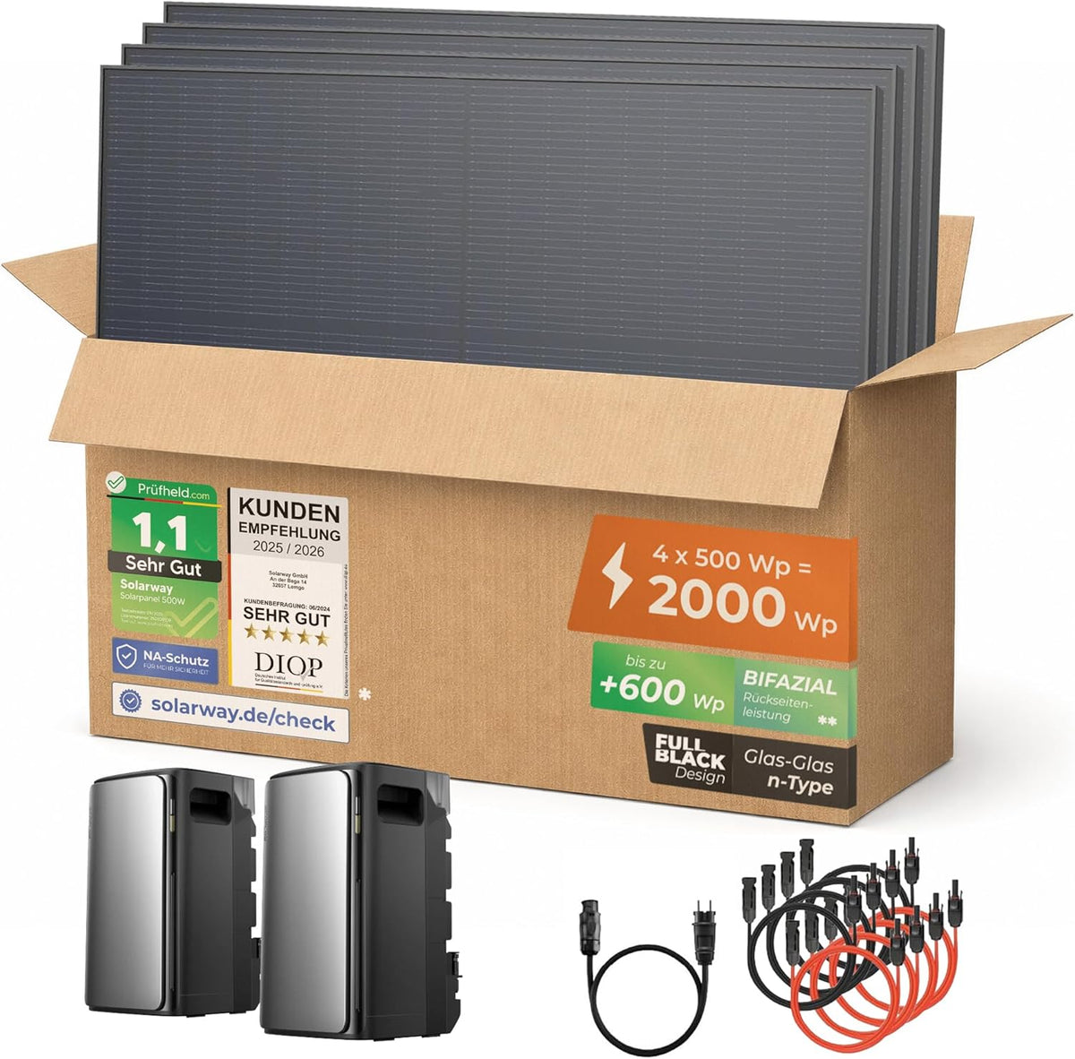 Solarway 2000Wp / 800 W Balkonkraftwerk mit 3,8 kWh Speicher komplett Steckdose - 3,8, 1,5m, 2000 W, App