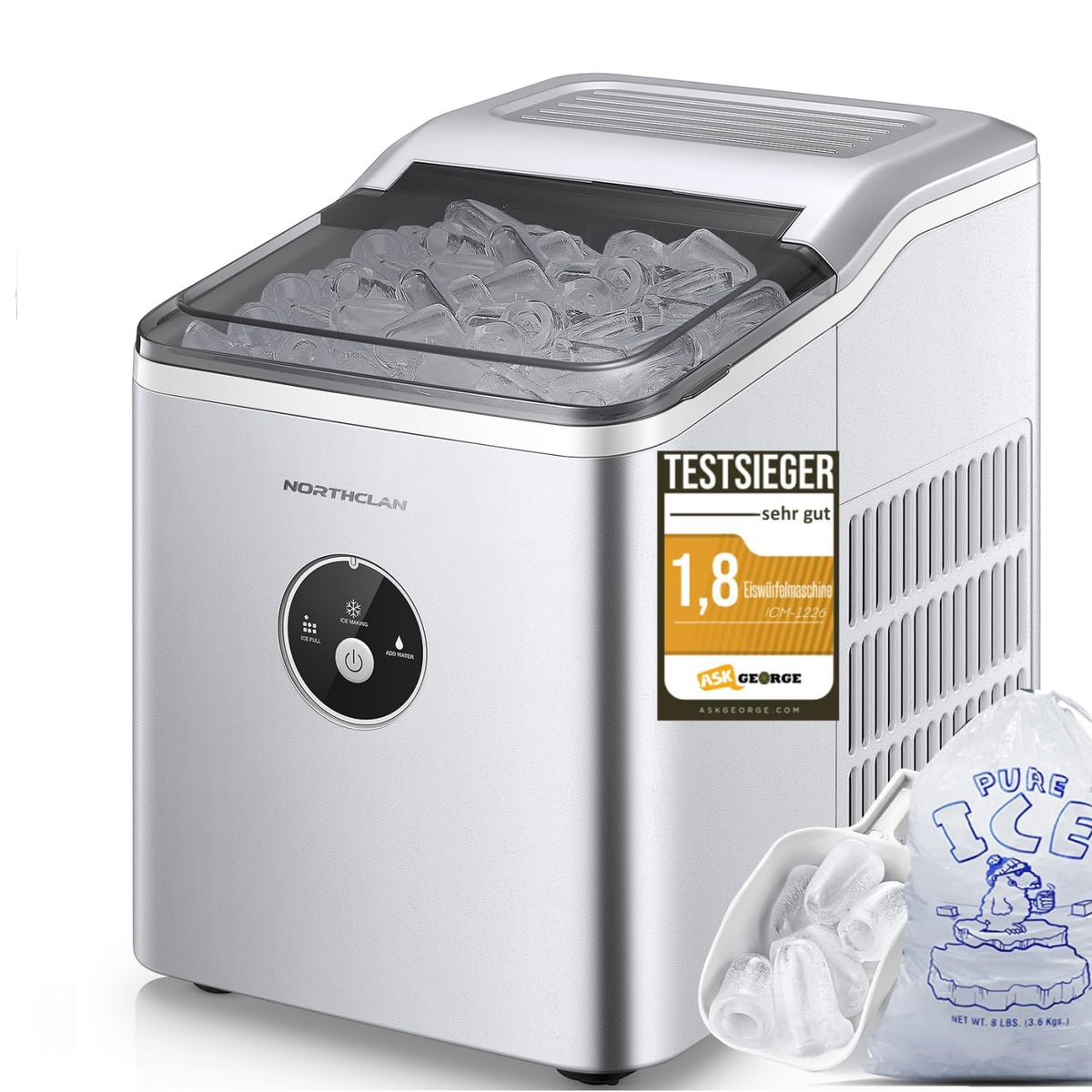 NORTHCLAN Eisw¨¹rfelmaschine Testsieger 2025, 14 kg 24 Stunden, 9 Eisw¨¹rfel in 6-8 Minuten, Eisw¨¹rfelbereiter Klein f¨¹r Zuhause, B¨¹ro, Silber