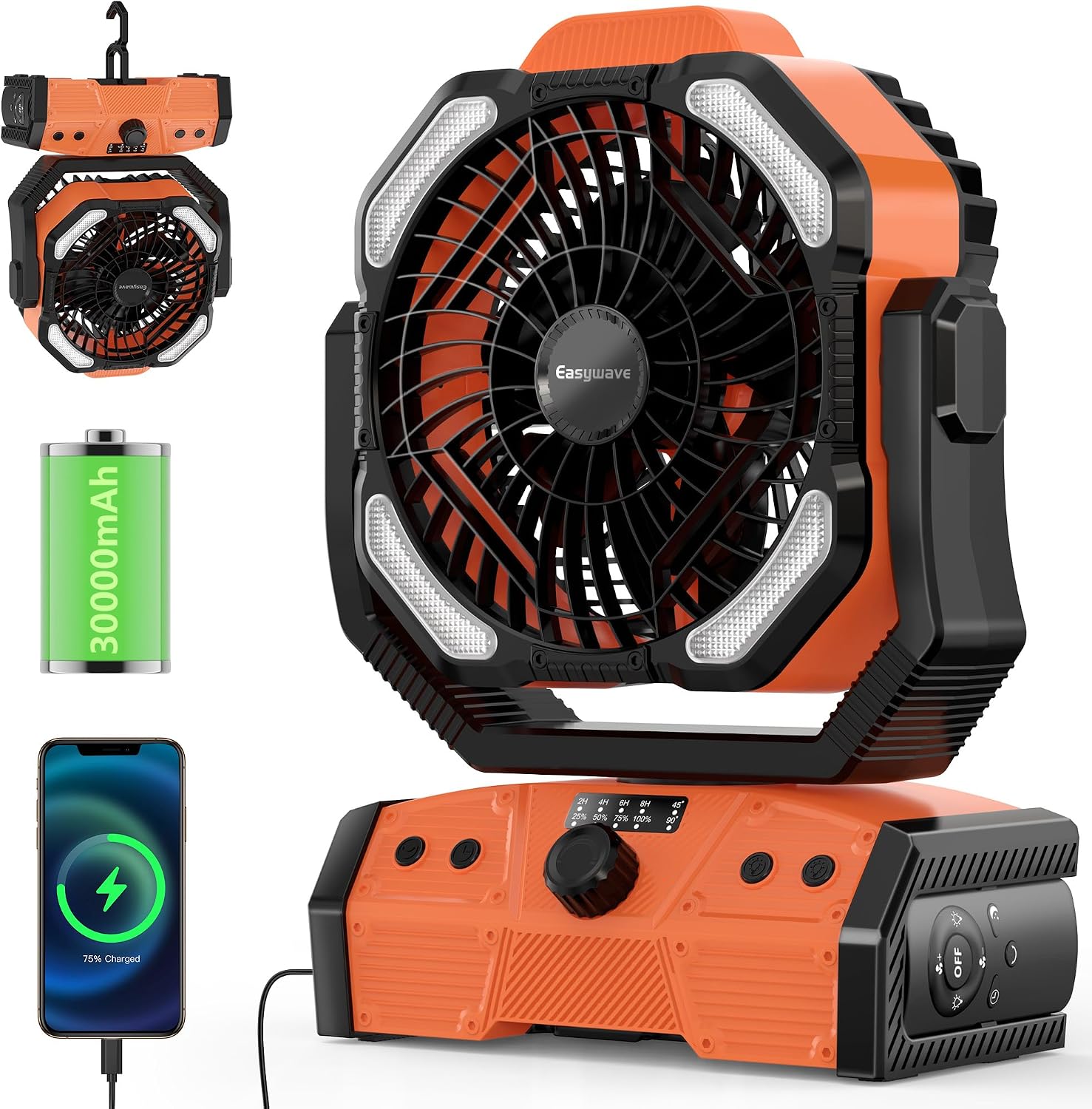 Easywave Tragbarer Ventilator, Tischventilator, Camping, LED