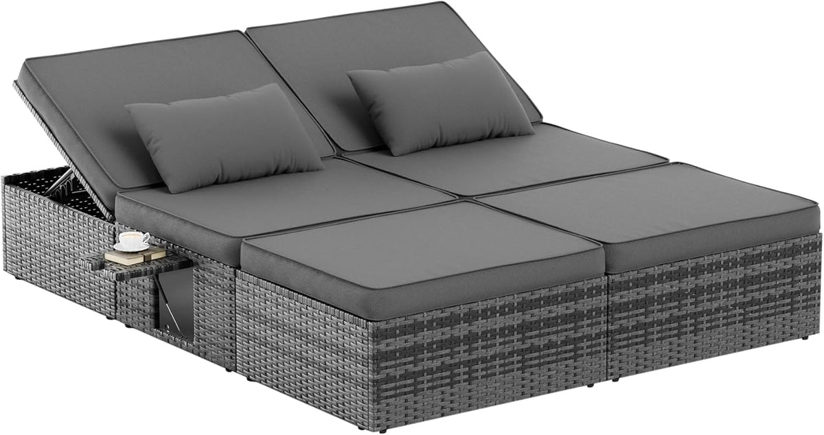 Amopatio Sonnenliege 2 Personen mit Klapptisch, Beistelltisch, Liegestuhl, Outdoor, 30 cm, 200 kg, 38 cm, 7 cm