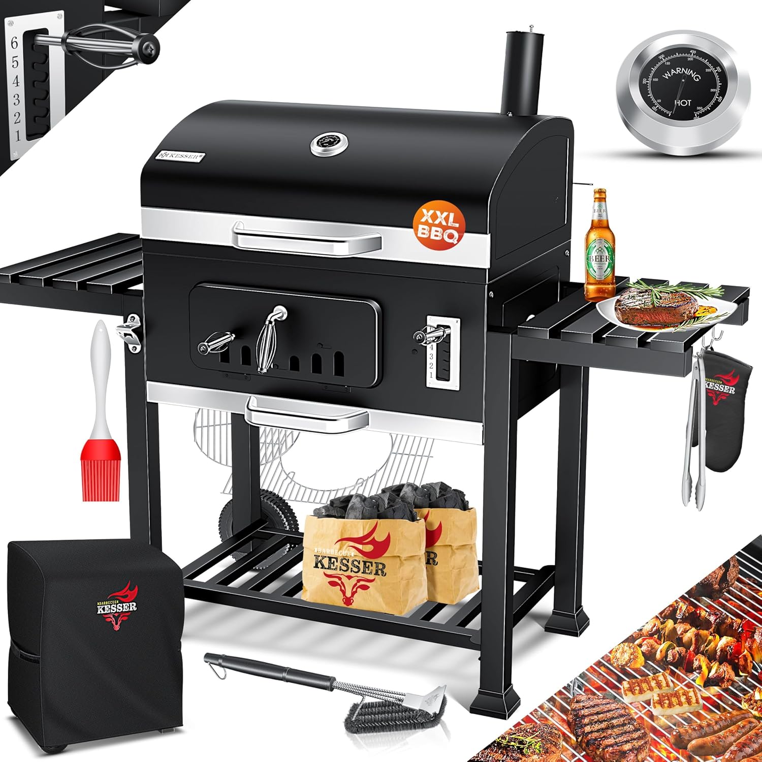 KESSER Holzkohlegrill XXL Grillwagen Set mit Deckel & Thermometer, Praktisch, Garten, 41,5 cm, 24 cm, Edelstahl