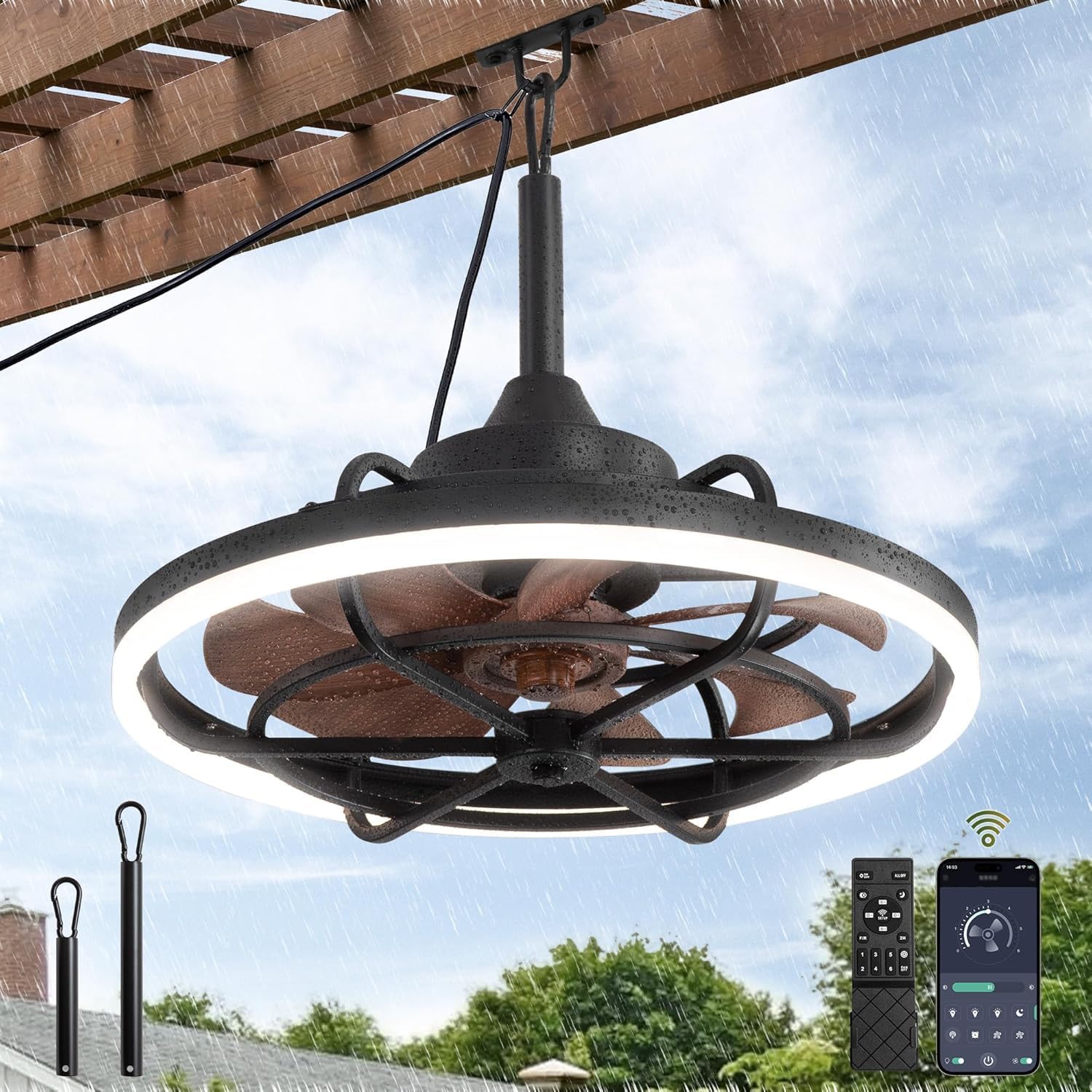 KZT Outdoor Deckenventilator, Deckenleuchte, Lampe, Terrasse, 30 cm, 30 Minuten, 53 cm, LED, IP65, Schwarz