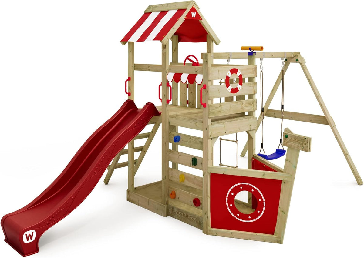 WICKEY Spielturm Kletterger¨¹st SeaFlyer mit Schaukel & roter Rutsche, Outdoor-Spielzeug, Garten, 120 cm, 9 cm, 4,5 cm, 500.000 G