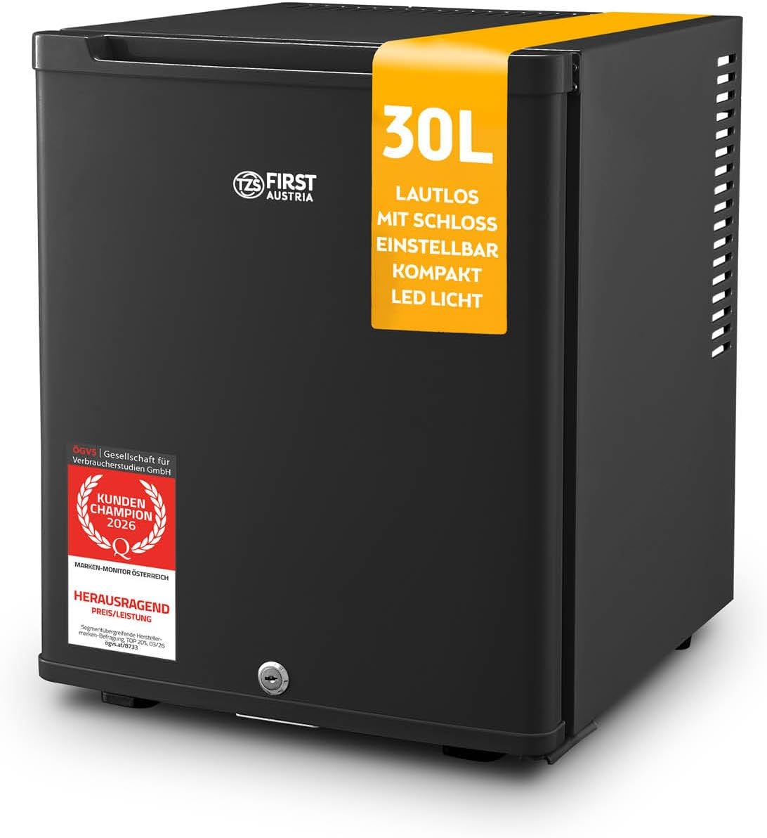 TZS First Austria - Mini K¨¹hlschrank 30 l komplett lautlos - Kleiner Minik¨¹hlschrank, Zimmerk¨¹hlschrank, B¨¹ro, 22 dB, 40 l, Ger?uschlos