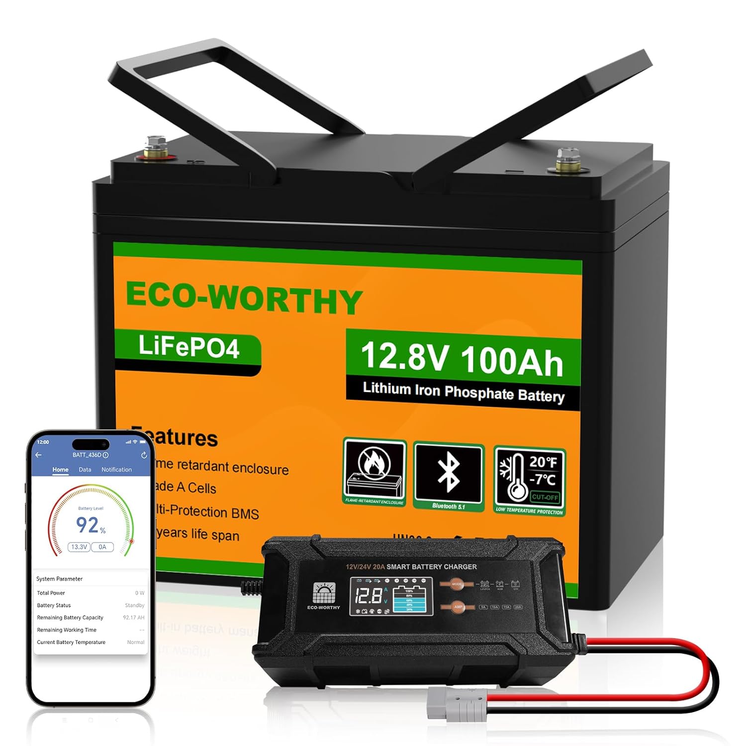 ECO-WORTHY 12 V 100 Ah LiFePO4 Bluetooth mit 12/24 V 20A Ladeger?te, 10.5 KG, 214 mm, 10,24 kwh