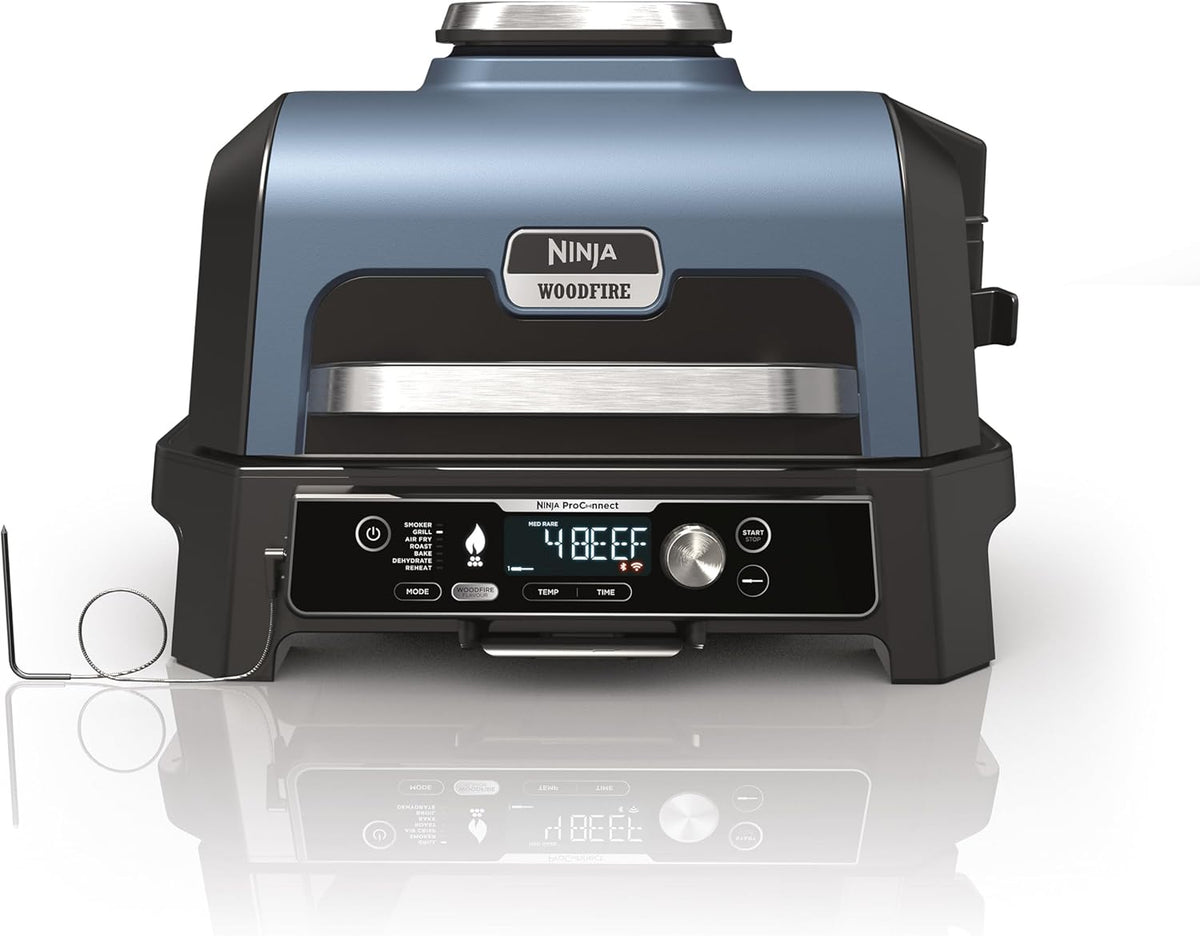 Ninja Woodfire Pro Connect XL Elektrischer Grill und Smoker mit App-Steuerung, Luftfritteuse, Camping, 18 kg, 3 kg, Schwarz